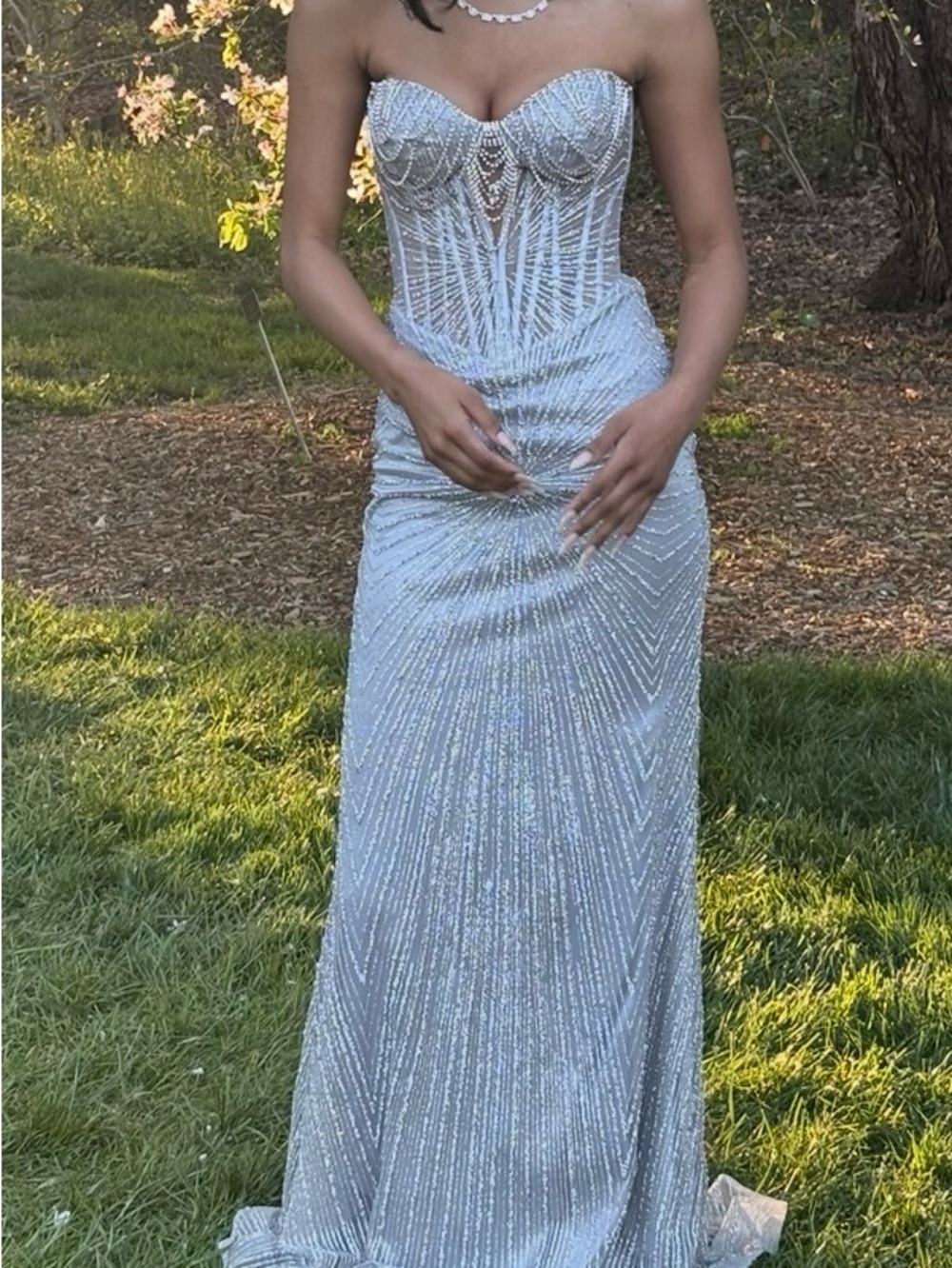 Silver Strapless Sequin Evening Gown-preowned size 0-2